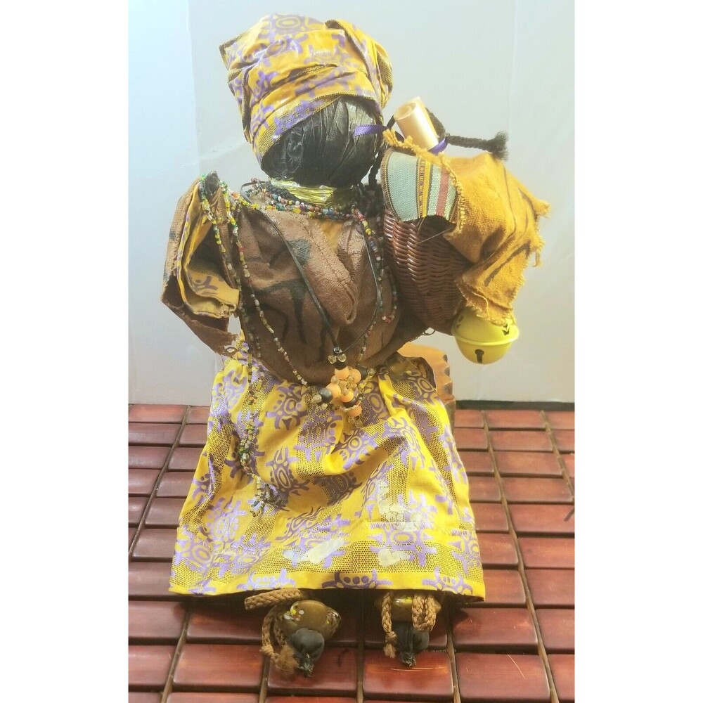 Vintage African Faceless Doll w/ Cornicopia Scroll & Bell Handmade Folk Art 16"
